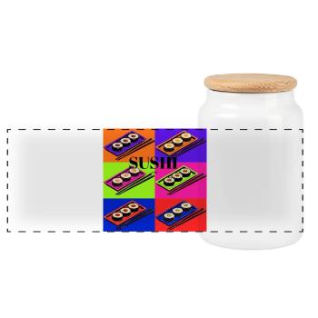 Colorful sushi design with pop art style - Panoramic Cookie Jar with Wooden Lid - white - Front