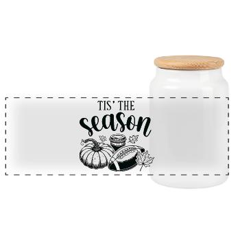 Autumn cosiness with Pumpkin and Cider motif - Panoramic Cookie Jar with Wooden Lid - white - Front