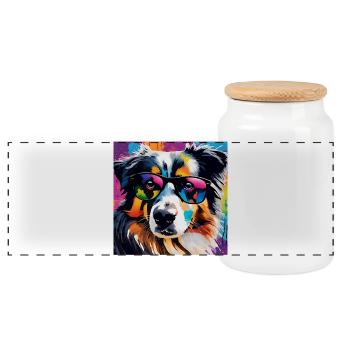 Australian Shepherd Colorful Aussi - Panoramic Cookie Jar with Wooden Lid - white - Front
