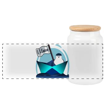 Seagull sailing paper boat 1st grade schoolchild - Panoramic Cookie Jar with Wooden Lid - white - Front