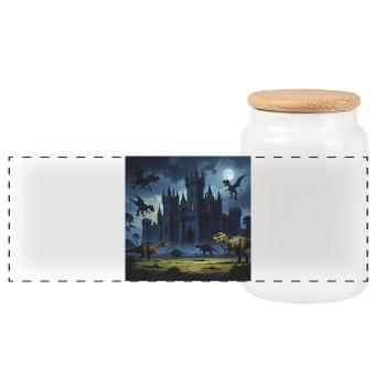 Dinosaurs against medieval castle near Vollm - Panoramic Cookie Jar with Wooden Lid - white - Front