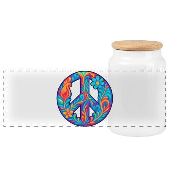 Floral Pattern Peace Symbol Design - Panoramic Cookie Jar with Wooden Lid - white - Front