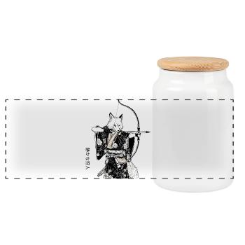 Samurai Fox with Bow – Ukiyo-e Japan Art - Panoramic Cookie Jar with Wooden Lid - white - Front