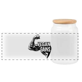 Vegan Gains – Muscle Biceps Gym Fitness - Panoramic Cookie Jar with Wooden Lid - white - Front