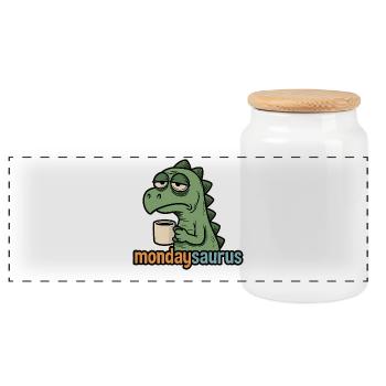 Müder Dino mit Kaffeetasse am Montag - Panorama Keksdose mit Holzdeckel - Weiß - Vorne
