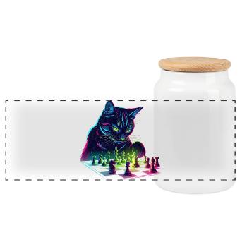 Neon Black Cat Chess Design - Panoramic Cookie Jar with Wooden Lid - white - Front