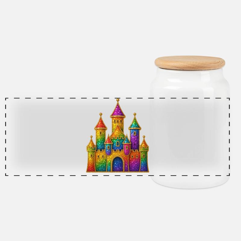 Regenbogen-Glitzer-Schloss-Design - Panorama Keksdose mit Holzdeckel - Weiß