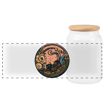 Black Cat Surrounded by Flowers and Moon - Panoramic Cookie Jar with Wooden Lid - white - Front