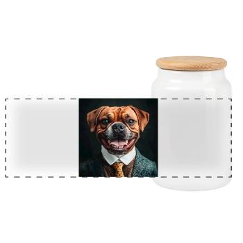 Chien habillé élégant en costume d'affaires - Boîte à biscuits avec couvercle en bois - blanc - Devant