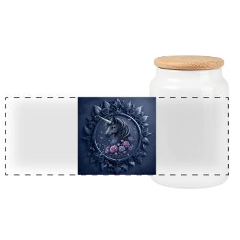 Unicorn with Flowers in Blue Tone - Panoramic Cookie Jar with Wooden Lid - white - Front