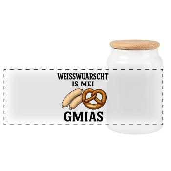 Weisswuarscht is mei Gmias - Panoramic Cookie Jar with Wooden Lid - white - Front