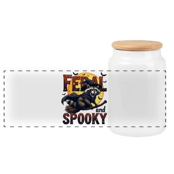 Feral and Spooky - Waschbär auf Besenstiel - Panorama Keksdose mit Holzdeckel - Weiß - Vorne