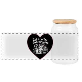 Cat love and coffee in the morning - Panoramic Cookie Jar with Wooden Lid - white - Front