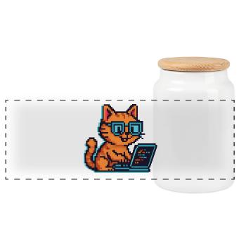 Pixel cats with laptop and glasses - Panoramic Cookie Jar with Wooden Lid - white - Front