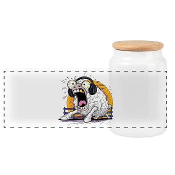 Crying Sheep with Headphones - Panoramic Cookie Jar with Wooden Lid - white - Front