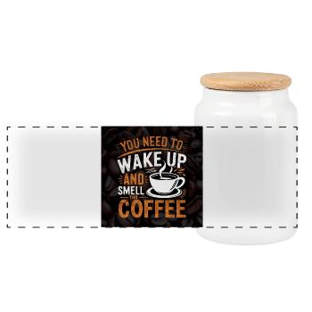 Wake Up and Smell Coffee Quote Design - Panoramic Cookie Jar with Wooden Lid - white - Front