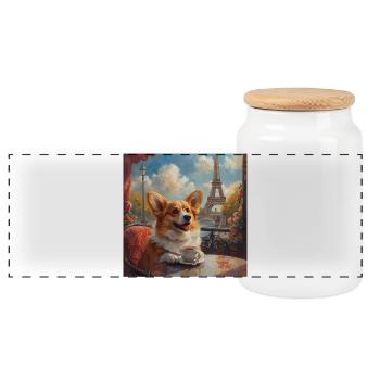 Corgi buvant du café devant la Tour Eiffel à Paris - Boîte à biscuits avec couvercle en bois - blanc - Devant