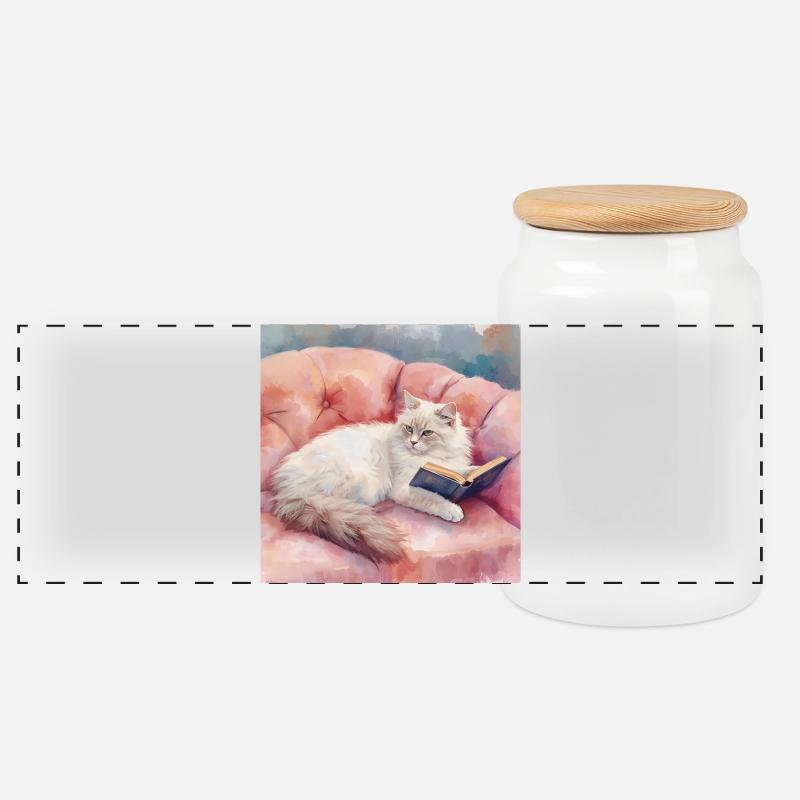 Katzenporträt auf gemütlichem pinken Sofa Ölgemäld - Panorama Keksdose mit Holzdeckel - Weiß