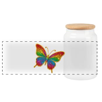 Farbiger Glitzer-Schmetterling - Panorama Keksdose mit Holzdeckel - Weiß - Vorne