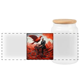 Man Surreal Bicycle with red bird and landscape - Panoramic Cookie Jar with Wooden Lid - white - Front