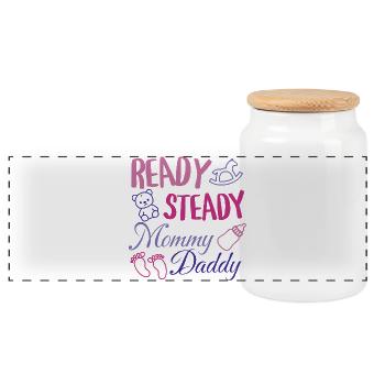Ready Steady Mom and Dad Baby Shower Design - Panoramic Cookie Jar with Wooden Lid - white - Front