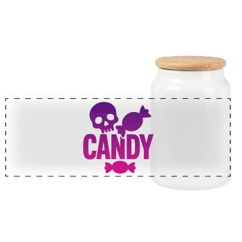 Skeleton and Whimsical Candy - Panoramic Cookie Jar with Wooden Lid - white - Front