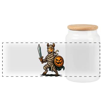 Gespenstisches Ritter-Lama mit Kürbisschild - Panorama Keksdose mit Holzdeckel - Weiß - Vorne