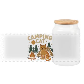 Chat de camping avec tente et feu de camp - Boîte à biscuits avec couvercle en bois - blanc - Devant