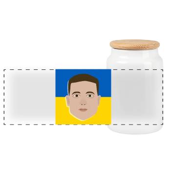 Volodymyr Zelensky on Ukrainian flag - Panoramic Cookie Jar with Wooden Lid - white - Front