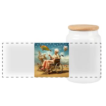 Surreal Senior Space Beach Fish Adventure - Panoramic Cookie Jar with Wooden Lid - white - Front