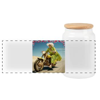 Oma auf Motorrad im Wüstensand Lebensfreude Alter - Panorama Keksdose mit Holzdeckel - Weiß - Vorne