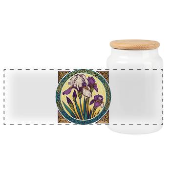 Kompliziertes irisches Iris-keltisches Kunstwerk - Panorama Keksdose mit Holzdeckel - Weiß - Vorne