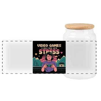Funny Gamer Stress Relief Saying  - Panoramic Cookie Jar with Wooden Lid - white - Front