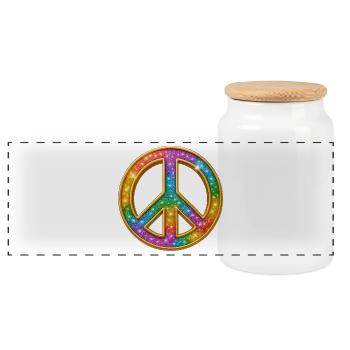 PEACE | Farbiger Friedenssymbol mit Glitzer-Optik - Panorama Keksdose mit Holzdeckel - Weiß - Vorne