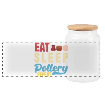 Eat Sleep Pottery Repeat - Panoramic Cookie Jar with Wooden Lid - white - Front