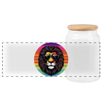 Lion portrait with rainbow sunglasses - Panoramic Cookie Jar with Wooden Lid - white - Front