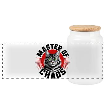 Master of Chaos Cat - Panoramic Cookie Jar with Wooden Lid - white - Front