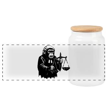 Monkey judge pulls scales down - Panoramic Cookie Jar with Wooden Lid - white - Front