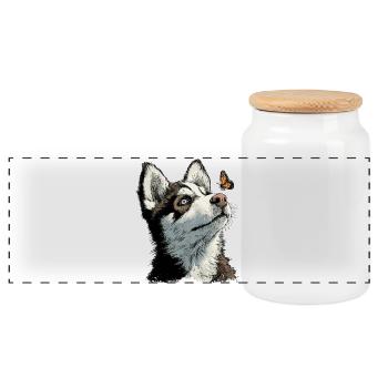 Curious husky puppy and butterfly - Panoramic Cookie Jar with Wooden Lid - white - Front