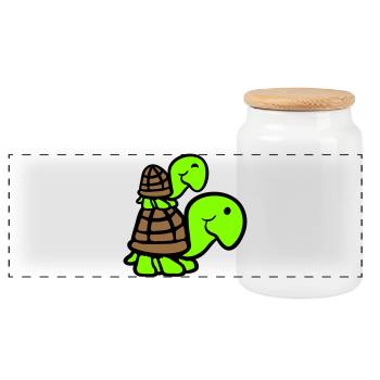 2 Turtles Piggyback Mom Dad Kid Riding Cute - Panoramic Cookie Jar with Wooden Lid - white - Front