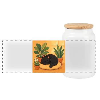 Gemütliche Katzenruhe mit Pflanzen - Panorama Keksdose mit Holzdeckel - Weiß - Vorne