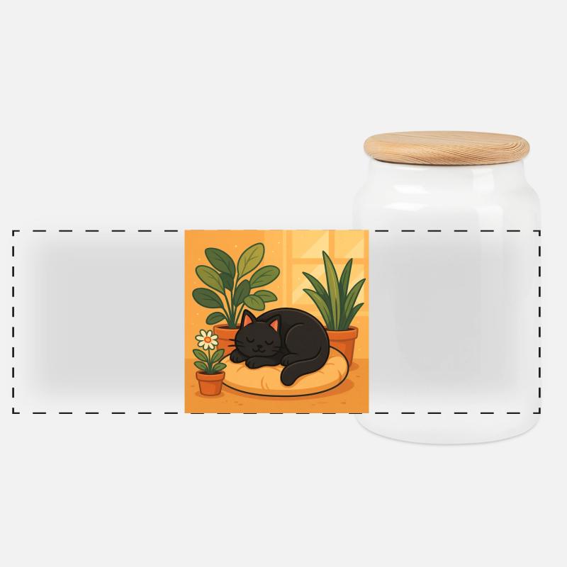 Gemütliche Katzenruhe mit Pflanzen - Panorama Keksdose mit Holzdeckel - Weiß