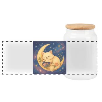 Chat endormi sur la lune dans le ciel étoilé - Boîte à biscuits avec couvercle en bois - blanc - Devant