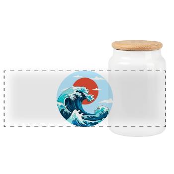 kanagawa Wave Marine Energy and Red Sun - Panoramic Cookie Jar with Wooden Lid - white - Front