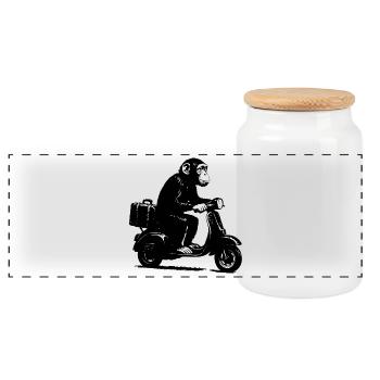 Retro Affe auf Moped | Roller-Affe - Panorama Keksdose mit Holzdeckel - Weiß - Vorne