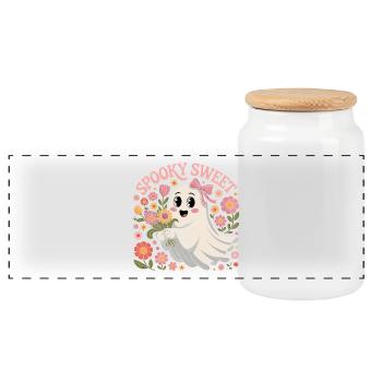 Motifs de fantômes mignons avec couronne de fleurs - Boîte à biscuits avec couvercle en bois - blanc - Devant