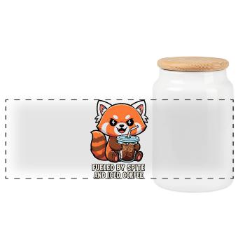 Freches Waschbär-Kaffee-Meme-Design - Panorama Keksdose mit Holzdeckel - Weiß - Vorne