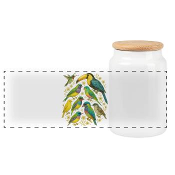 Bunte Papageien in floralem Mandala - Panorama Keksdose mit Holzdeckel - Weiß - Vorne