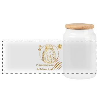 Lion Royalty and Strength Impression - Panoramic Cookie Jar with Wooden Lid - white - Front