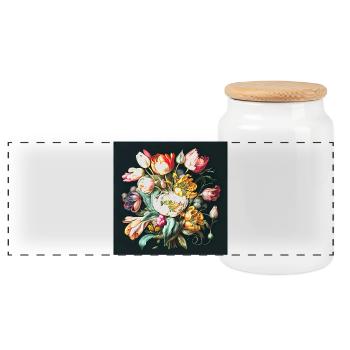 Bouquet of flowers in oil painting aesthetics of old masters - Panoramic Cookie Jar with Wooden Lid - white - Front